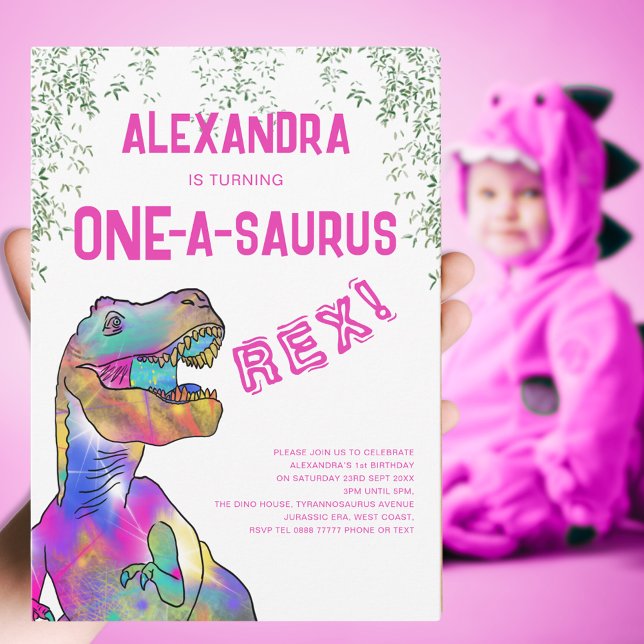 Invitation Un-A-Saurus Dinosaure rose 1er anniversaire (One-a-saurus Rex girls dinosaur 1st birthday party pink invitation )