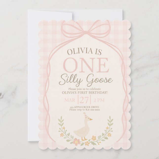 Invitation Un anniversaire de 1 an Silly Goose Rose Fleur  (Devant)