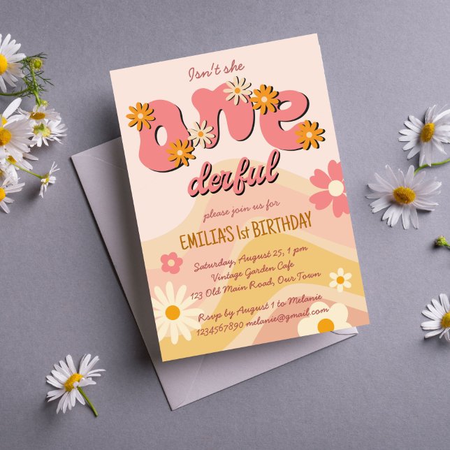 Invitation Un anniversaire de marguerite rétro super (Onederful groovy one retro daisy 1st birthday party invitation editable template instant download)