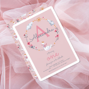 Invitation Un anniversaire fille au monogramme cygne rose