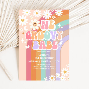 Invitation Un Babe Daisy Super Rainbow Retro 1er anniversaire