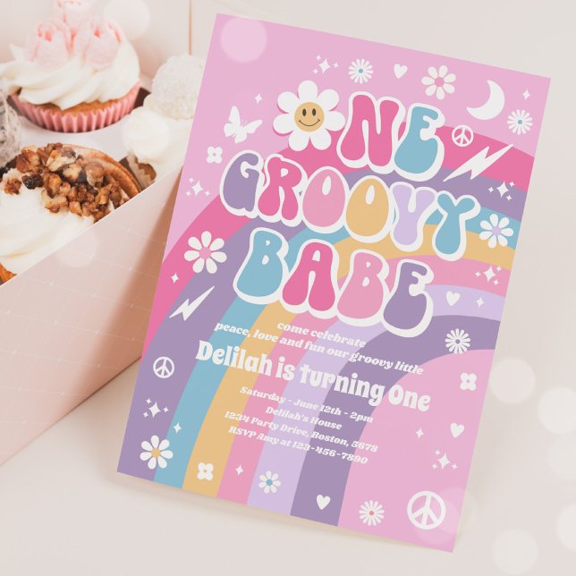 Invitation Un Babe Super Peace Love Party Rainbow Birthday (Créateur téléchargé)