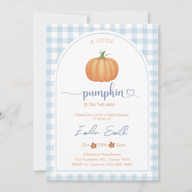 Invitation Un Baby shower D'Automne Un Peu Bleu En vichy Citr (Devant)