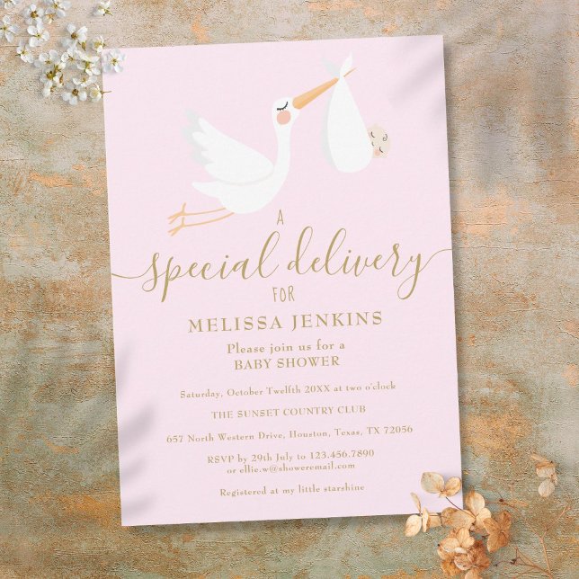 Invitation Un Baby shower de livraison spécial rose (A Special Delivery Stork Baby Shower / Sprinkle Invitation)