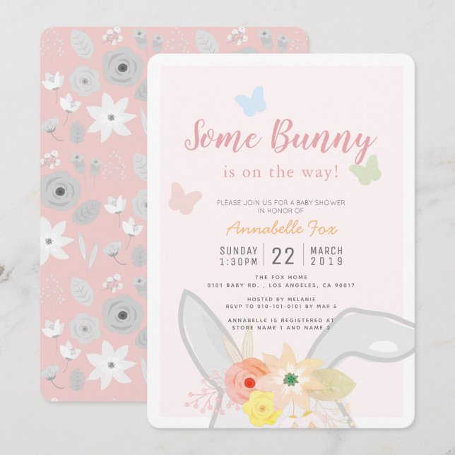 Invitation Un Baby shower de Papillon Floral Gris Rose Bunny (Devant / Derrière)