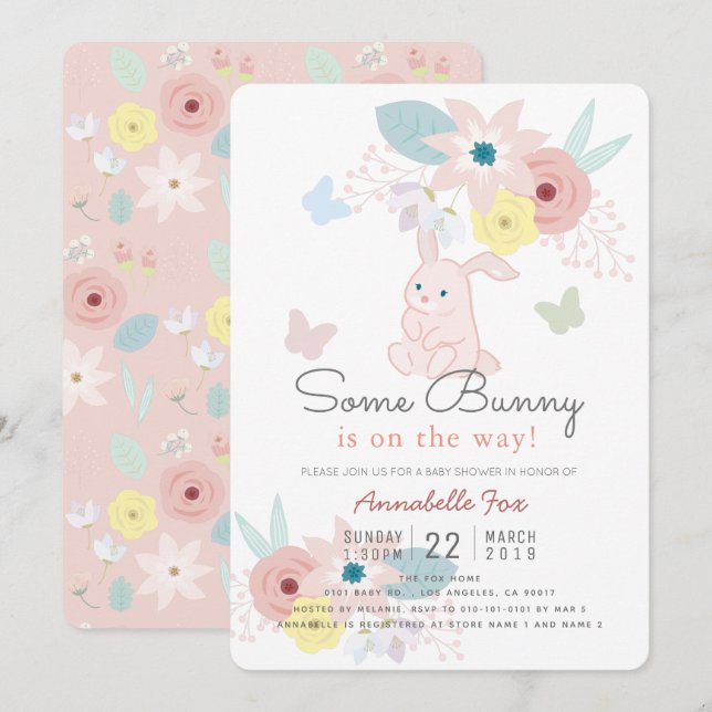 Invitation Un Baby shower de Papillon Floral Rose Bunny (Devant / Derrière)