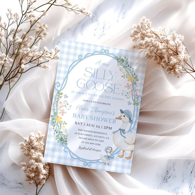 Invitation Un Baby shower d'oie idiot En vichy bleu (Créateur téléchargé)