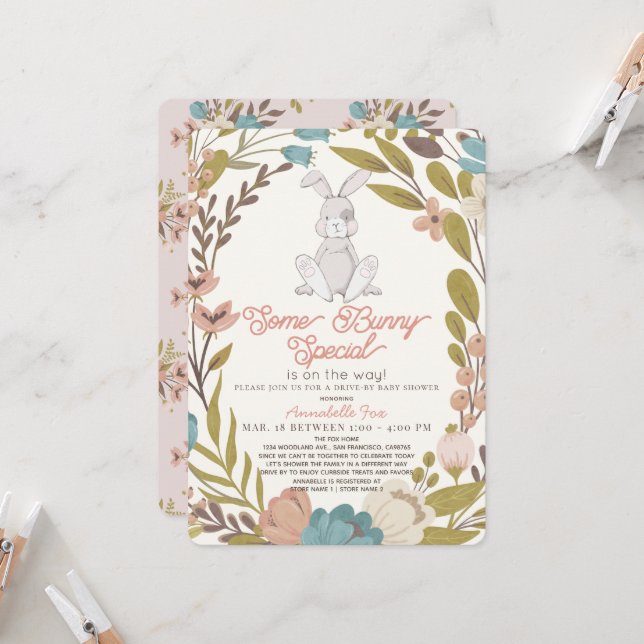 Invitation Un Baby shower Floral spécial Bunny (Devant/Arrière en situation)