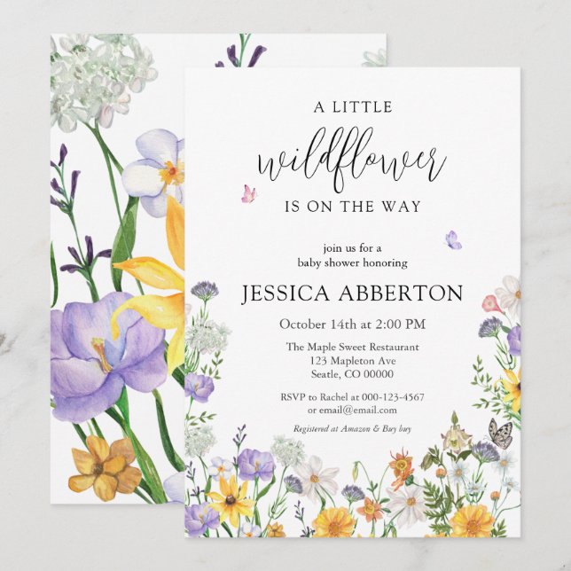 Invitation Un Baby shower neutre bleu rose Fleur sauvage (Devant / Derrière)