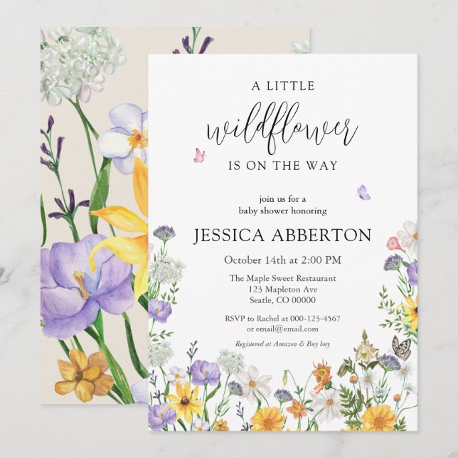 Invitation Un Baby shower neutre bleu rose Fleur sauvage (Devant / Derrière)