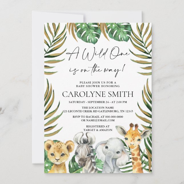 Invitation Un Baby shower sauvage de Safari Jungle Animaux (Devant)