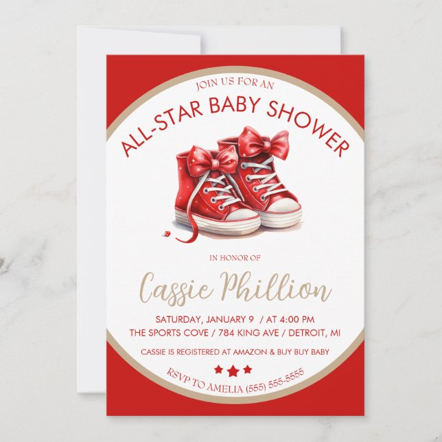 Invitation Un Baby shower Tout Étoiles, Red High Top Basket (Devant)