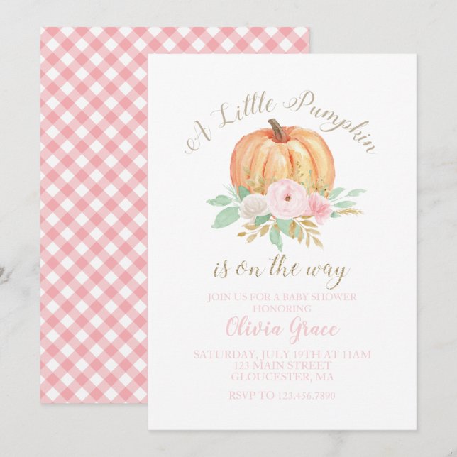 Invitation Un Baby shower un peu Citrouille fleuri et rose (Devant / Derrière)