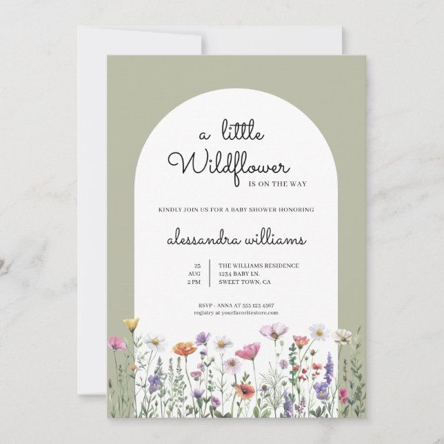 Invitation Un Baby shower Vert Sage Un Peu Fleur sauvage (Devant)