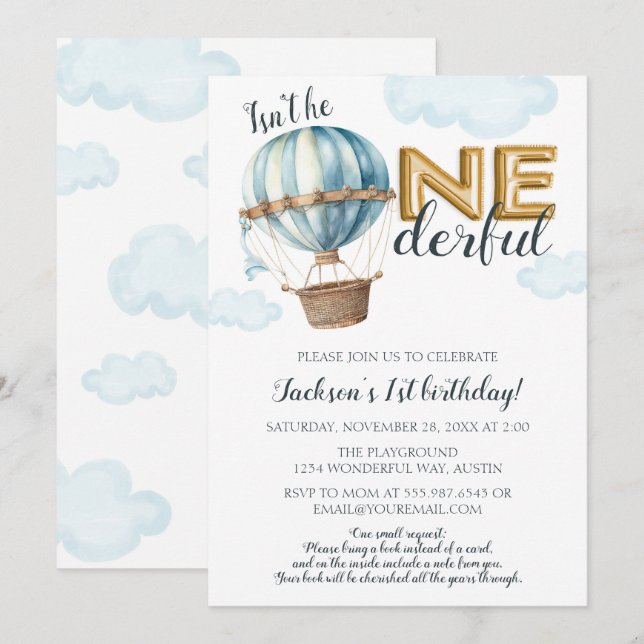Invitation Un ballon à air chaud pour le premier anniversaire (Devant / Derrière)