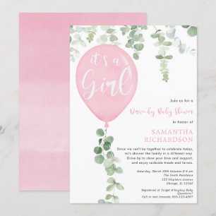 Invitation Un ballon d'baby shower rose  à l'eucalyptus