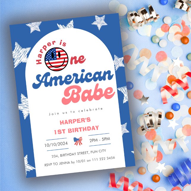 Invitation Un Bébé Américain 4 juillet 1ère Fille Anniversair (One American Babe 4th of July 1st Girl Birthday Invitation)
