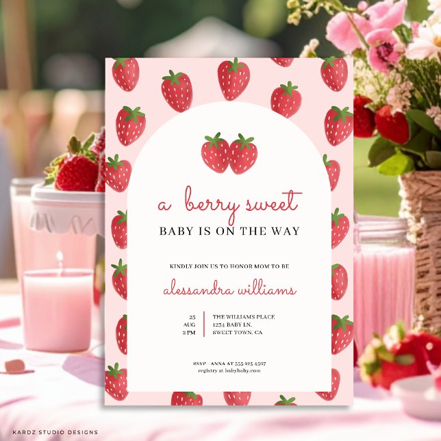 Invitation Un Bébé Berry Sweet est sur le chemin du Baby show (Invite shown in 5 x 7 inches, choose size, paper and corner style. Buy print or digital invitations.)
