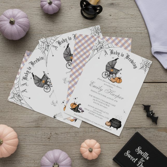 Invitation Un bébé brasse du gris Baby shower neutre pour le  (Cute Gothic Baby Shower Invite. Spooky Victorian Stroller, Black Crow, Orange Pumpkins, Witch Hat)