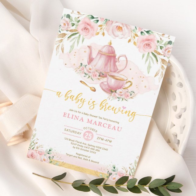 Invitation Un bébé brasse du thé au Baby shower à fleurs rous (Créateur téléchargé)
