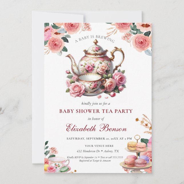 Invitation Un bébé brasse du thé au Baby shower à fleurs rous (Devant)