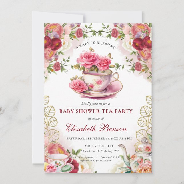 Invitation Un bébé brasse du thé au Baby shower à fleurs rous (Devant)