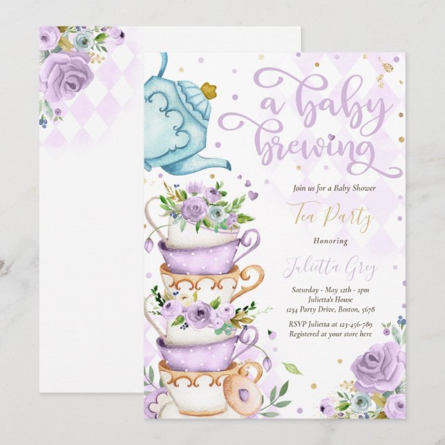 Invitation Un bébé brasse du thé Baby shower Lilac Rose (Devant / Derrière)