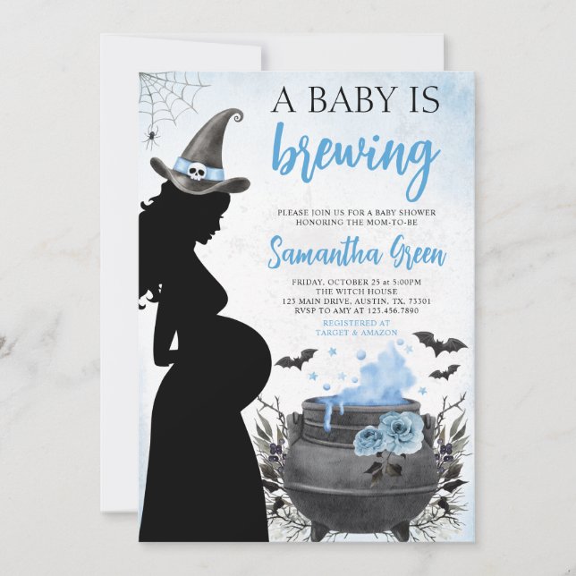 Invitation Un bébé brasse le Baby shower d'Halloween bleu (Devant)