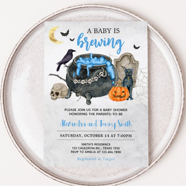 Invitation Un bébé brasse le Baby shower d'Halloween bleu (Baby is Brewing Baby Shower Baby Shower Invitation)