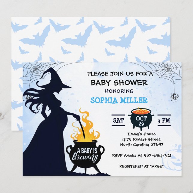 Invitation Un bébé brasse un Baby shower de sorcière d'Hallow (Devant / Derrière)