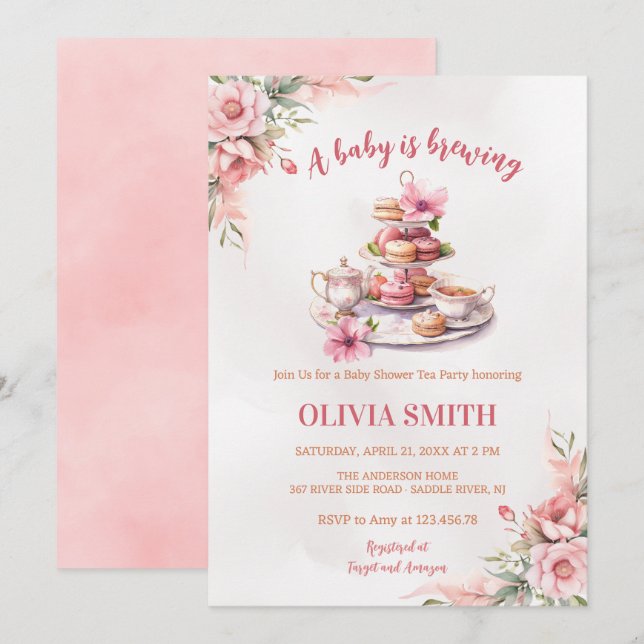 Invitation Un bébé brasse un Baby shower de Tea Party à fleur (Devant / Derrière)