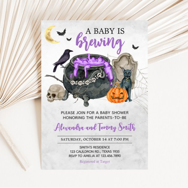 Invitation Un bébé brasse un Baby shower d'Halloween (Violet Baby is Brewing Halloween Baby Shower invitation)