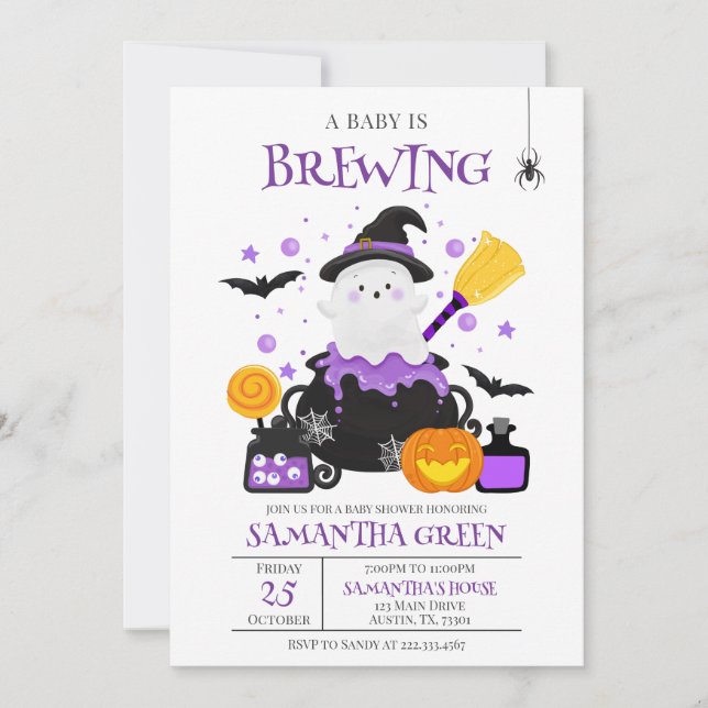 Invitation Un bébé brasse un Baby shower d'Halloween violet (Devant)