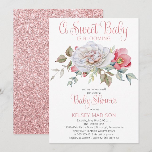 Invitation Un Bébé Doux Est En Pleine Fleur Rose Baby shower (Devant / Derrière)