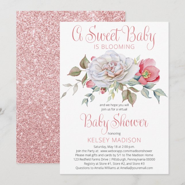Invitation Un Bébé Doux Est En Pleine Floraison Baby shower V (Devant / Derrière)