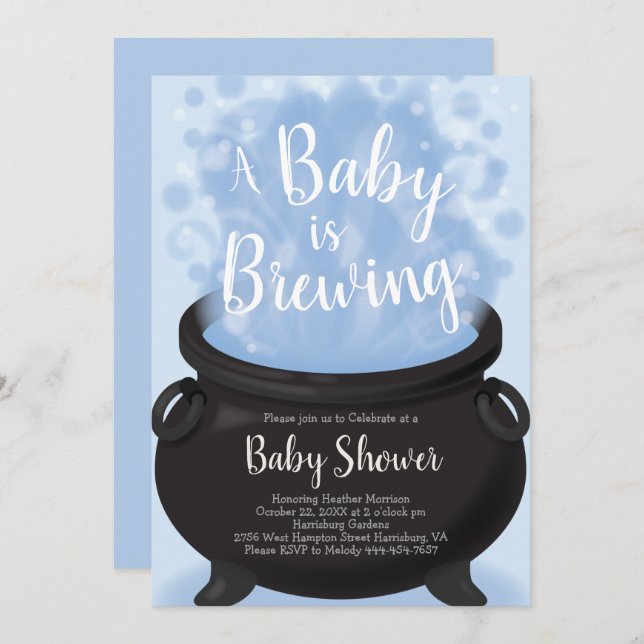 Invitation Un bébé est en train de brasser Sorcière Douche bl (Devant / Derrière)