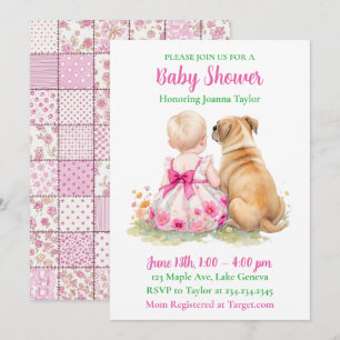 Invitation Un bébé et son chien   Baby Shower Rose pour Fille