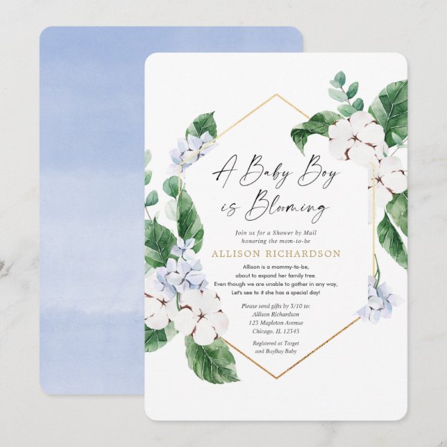 Invitation Un bébé garçon est en fleurs Showroom by Mail blue (Devant / Derrière)
