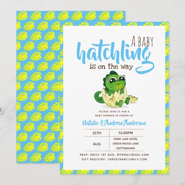 Invitation Un Bébé Hatchling Est Sur Le Chemin Dinosaur Cute  (Devant / Derrière)
