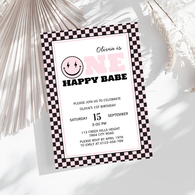 Invitation Un Bébé heureux Retro Girl premier anniversaire (Créateur téléchargé)