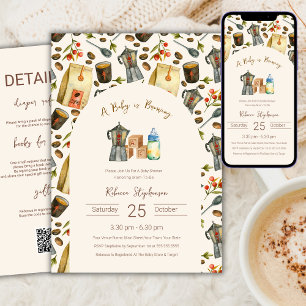 Invitation Un bébé prépare du café Baby Shower Code QR