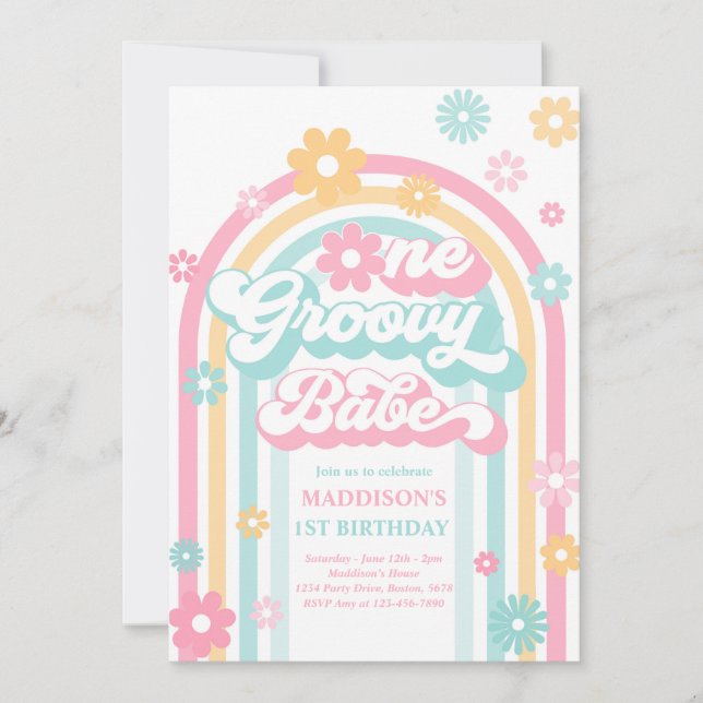 Invitation Un bébé Super Boho Daisy Rainbow 1er anniversaire (Devant)