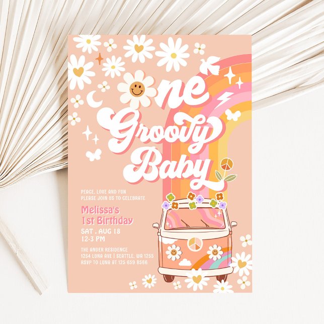 Invitation UN bébé Super Hippie Van Daisy 1er anniversaire (Créateur téléchargé)