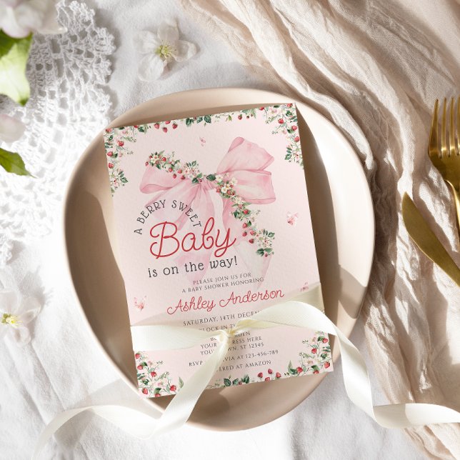 Invitation Un Berry Sweet Bébé rose Bow Girl Baby shower (Créateur téléchargé)