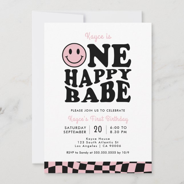 Invitation Un bon bébé rose preppy Smile Girl 1er anniversair (Devant)