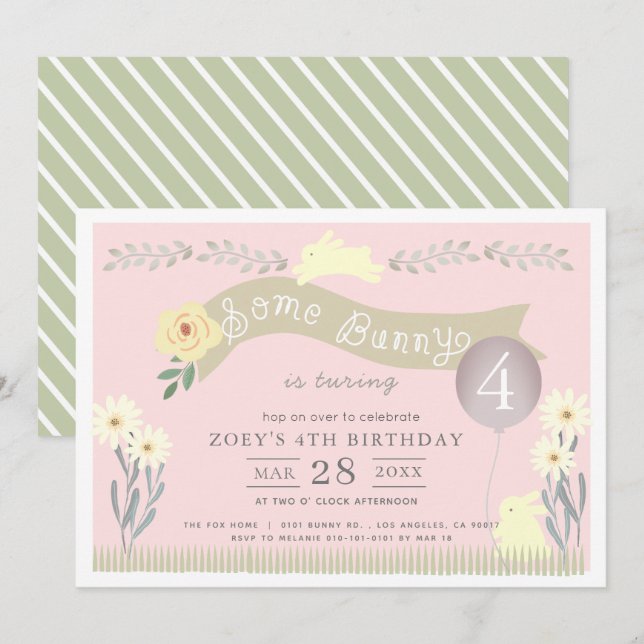 Invitation Un Bunny Pastel Rose Girl Anniversaire (Devant / Derrière)