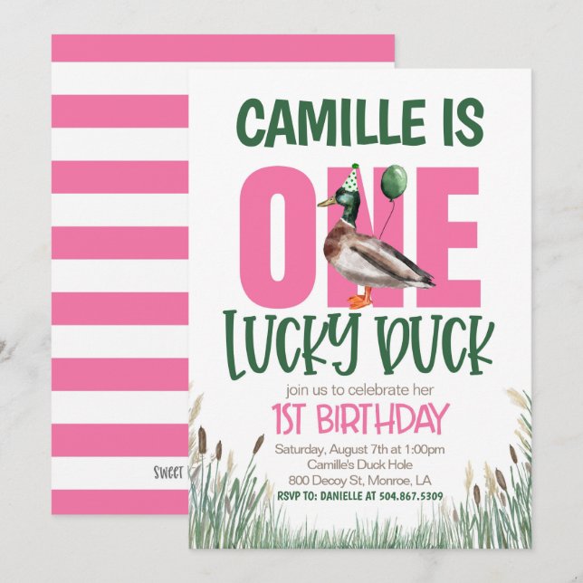 Invitation Un canard chanceux premier anniversaire (Devant / Derrière)
