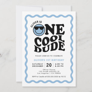Invitation Un Cool Dude Blue Happy Face Boy 1er anniversaire