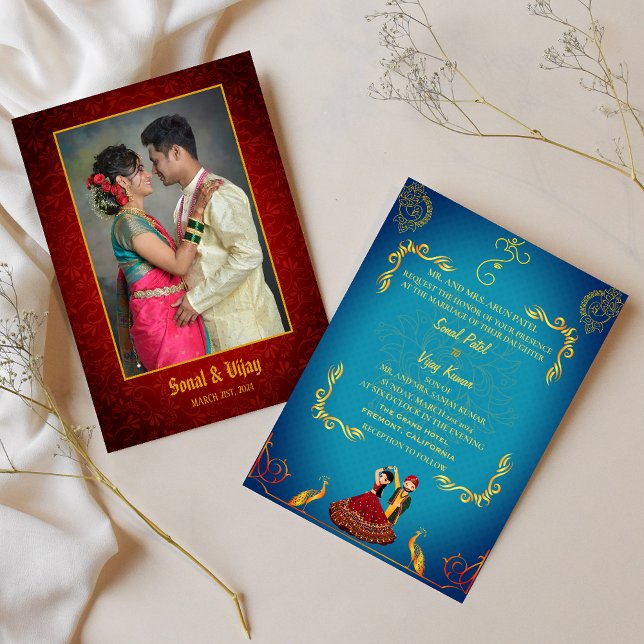 Invitation Un couple de Mariages indiens hindous photo Golden (Créateur téléchargé)