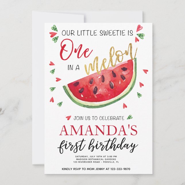 Invitation Un dans anniversaire de fille d'été de melon un ęr (Devant)